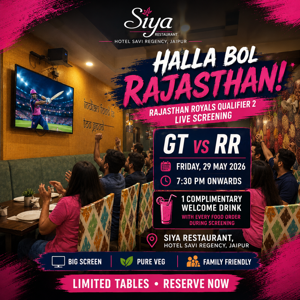 RR GT match screening restaurant Jaipur